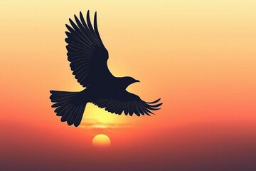 Wall Mural - A Silhouette of a Bird Flying Against a Sunset Sky