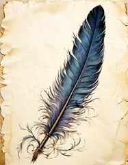 A single detailed blue feather resting on weathered parchment, giving a vintage, artistic feel. The feather