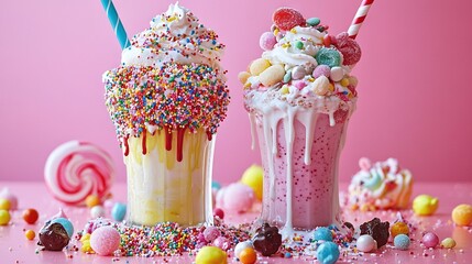  Two colorful ice cream sundaes with toppings on a pink backdrop