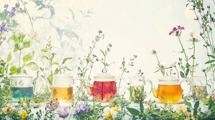 Wall Mural -   Table topped with cups filled with various tea leaves and flowers against a wildflower background