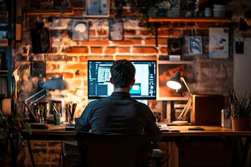 Wall Mural - Back view of man working on computer in home office with brick wall, desk lamp, and plants. Concept of work from home, productivity, and creativity