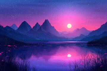 Wall Mural - Serene Mountain Lake Sunset with Stars