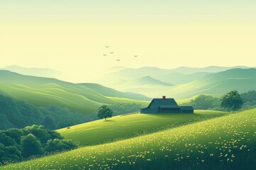 Wall Mural - A Secluded Cabin Nestled Amidst Rolling Green Hills and a Field of Wildflowers