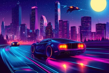 Wall Mural - Nighttime Cityscape with a Futuristic Sports Car and Flying Drone