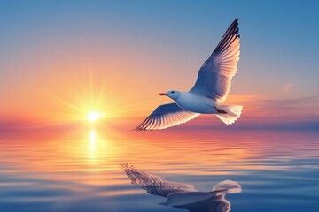 Wall Mural - Seagull Flying Over a Sunset Reflected in Calm Water