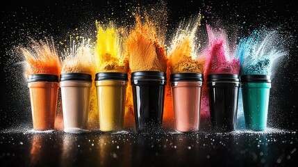 Poster -   A cluster of coffee mugs brimming with hued powders and speckled with orange, yellow, pink, blue, and green