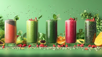 Wall Mural -  Colorful smoothie line on green surface with sprinkles