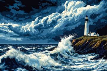 A Lighthouse Stands Tall Against a Stormy Sea