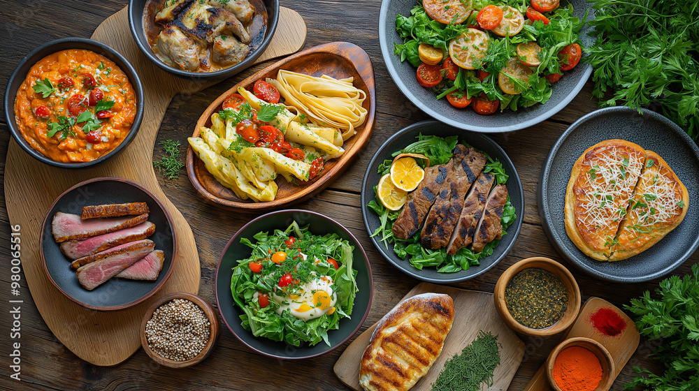 Culinary Feast: Rustic Comfort Food, Vibrant Colors, Appetizing Dishes, Cozy Ambiance, Fresh Ingredients