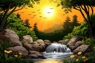 Wall Mural - A Sunlit Forest Waterfall with Birds Flying and Yellow Flowers