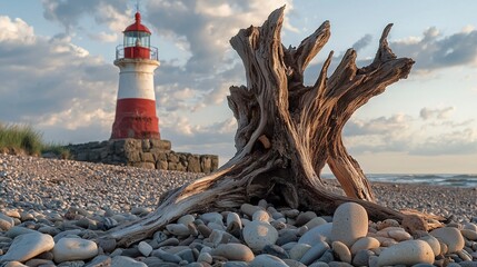 Wall Mural -   A red and white lighthouse stands atop a rocky shore, alongside a tree stump and a serene body of water