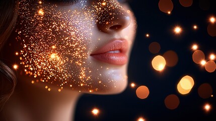 Wall Mural -   A woman with glistening gold on a dark background, her face close-up