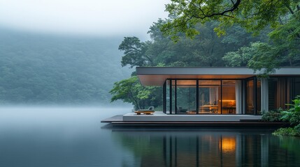 A sleek glass-walled cube home, floating effortlessly over a glassy lake surrounded by misty trees, modern architecture meets untouched nature