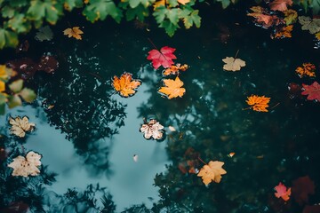 Sticker - Autumn leaves floating on a pond, reflecting the trees overhead. Nature, seasonal, tranquility, water, fall