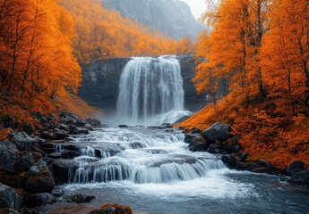 Wall Mural - Autumn Waterfall in a Misty Forest