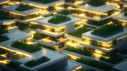 Abstract cube homes stacked in various orientations, creating geometric terraces with green spaces, vibrant neon accents, surrealism, low-angle view