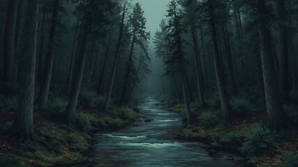 dark forest minimalist illustration eerie scary background