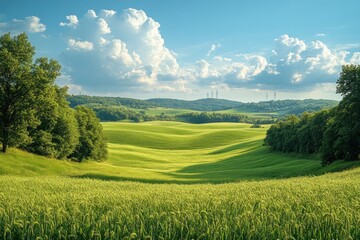 Canvas Print - Rolling Hills and Green Fields under a Blue Sky