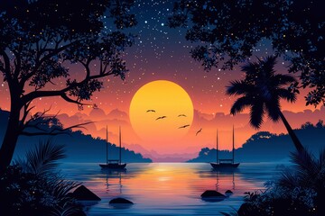 Wall Mural - Sunset Over a Calm Ocean with Two Sailboats and Palm Trees