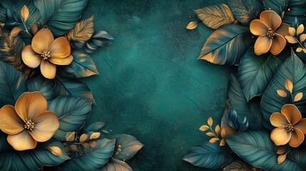 Golden Floral Border on Teal Background