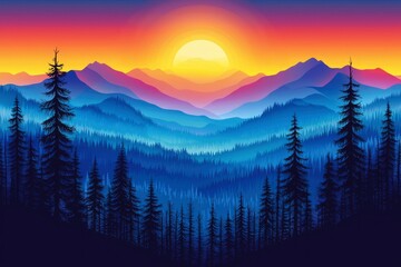 Sunset Over A Silhouetted Forest and Mountain Range