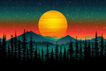 Wall Mural - A Silhouetted Forest with a Large Yellow Sun and Starry Sky