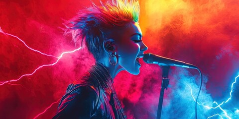 female punk rock singer singing colorful music in colorful electricity, 