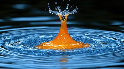 Poster -   A vibrant mixture of blue and orange liquids cascades into a water body on a dark surface, accompanied by a tiny droplet emerging from the splash