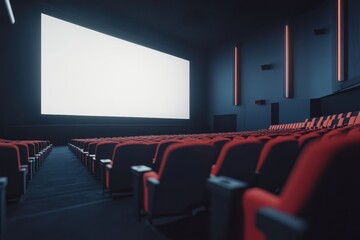 Interior of a cinema featuring empty seats and a plain screen 3D illustration