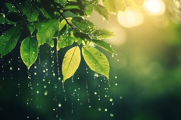 Wall Mural - Rain drops falling on green leaves with sun shining through