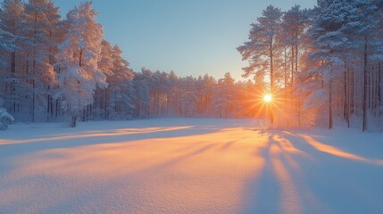 Wall Mural - Winter Sunset in a Snowy Forest