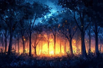 Wall Mural - A Silhouetted Forest with Glowing Lights in the Distance