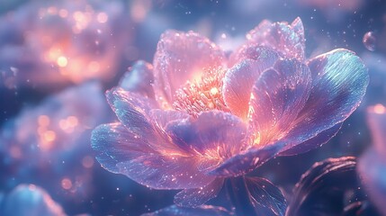 Poster -   A high-resolution photo of a pink flower with droplets of water on its petals and a soft, out-of-focus backdrop