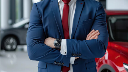 Professional businessman in a blue suit standing confidently with arms crossed, highlighting authority and success in a corporate setting.