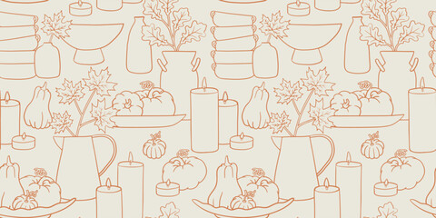 Wall Mural - Tableware, pumpkins and leaves seamless pattern. Graphic background with fall elements. Hand drawn farmhouse style illustration and country wallpaper art. Table decor with dishes and candles.