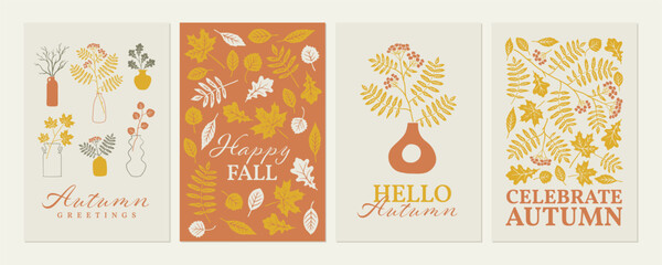 Wall Mural - Autumn greetings card set. Modern holiday background with table decor, vases, fall leaves and branches. Decorative posters with hand drawn illustration.