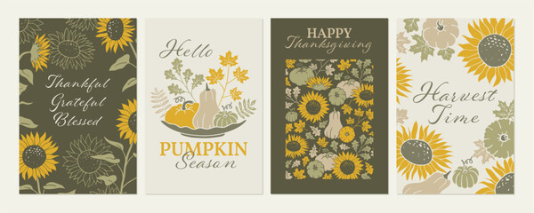 Wall Mural - Happy Thanksgiving greetings card set. Holiday background with fall leaves, pumpkins and sunflowers. Autumn decorative posters with hand drawn illustration.
