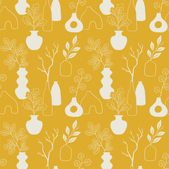 Wall Mural - Vases and autumn leaves seamless pattern. Graphic background with fall elements. Hand drawn illustration and wallpaper art. Home and table decor concept.