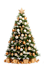 gold and white christmas tree over isolated transparent background