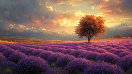 Canvas Print - Lavender Field with a Tree Under a Sunset Sky