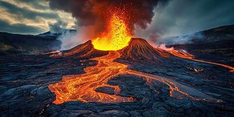 volcano eruption with hot lava