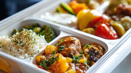 Airline meal with rice, vegetables, and meat in a tray, representing in-flight dining.