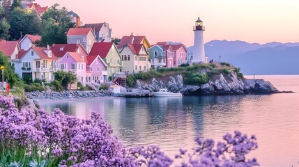 Charming coastal townscape, rainbow-colored homes cascading down a hill towards the sea, a beacon lighthouse casting soft light across the water