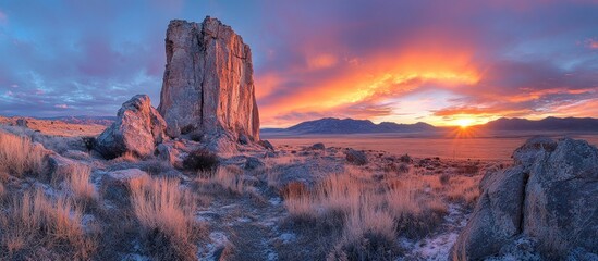 Sticker - Majestic Rock Formation Against a Vibrant Sunset