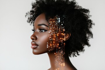 Poster - Portrait of a woman with circuitry embedded in her natural hair symbolizing the convergence of organic beauty with advanced technology in a future digital society