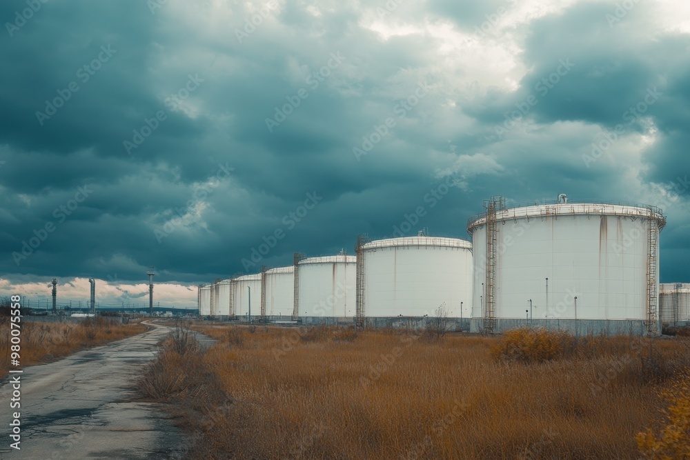 Numerous large white tanks for industrial fuel storage under a cloudy ...