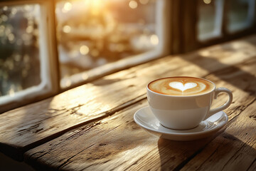 Coffee and white glass On a beautiful old wooden table with side light 