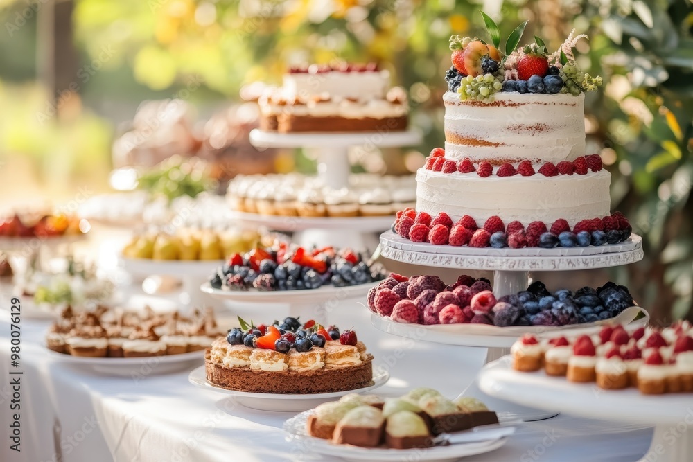 Outdoor wedding dessert display featuring beautifully decorated ...