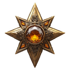 Wall Mural - Ornate bronze star with amber gem centerpiece, isolated on a transparent background, richly decorated.

