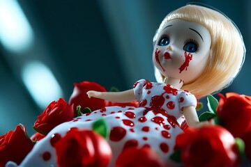 Wall Mural - A doll that bleeds, with tiny crimson stains appearing on its dress, no matter how many times you clean it